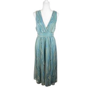 Double Crazy Dress Women Large Green Blue Swirls Shiny V-Neck Fit Flare
